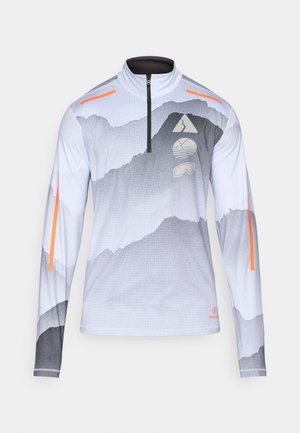 Long-sleeve athletic top in gradient gray and white. Features a half-zip collar, orange shoulder accents, and mountain graphic prints.