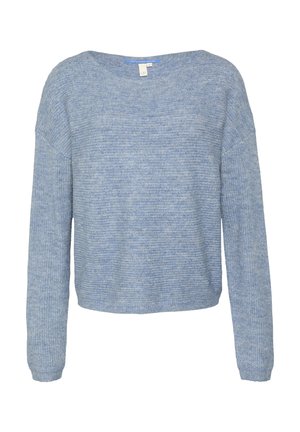 Hellblauer gestrickter Pullover mit weitem Ausschnitt, langen Ärmeln und lockerer Passform. Strukturmuster mit verschiedenen Blautönen.