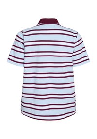 Polo avec un col structuré, présentant des rayures horizontales alternées bleu clair, bordeaux et blanc. Manches courtes et coupe décontractée.