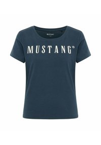Navy blue cotton t-shirt with a round neckline and short sleeves, featuring "MUSTANG" in bold white letters across the front.