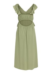 Rochie verde măslinie dintr-un material ușor, cu mâneci volanate, un corset ajustat cu detalii decupate și o fustă fluidă.