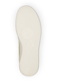 Semelle de sneaker beige en matériau en caoutchouc texturé et durable. Caractérisée par un logo rond et un périmètre rainuré pour une meilleure adhérence. Taille indiquée comme 37.