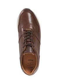Brown leather sneaker with perforated texture, featuring black laces, a cushioned insole, and a logo. Rounded toe and white sole.