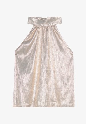 Lustrous silver halter top with a wide collar, featuring a textured, pleated design and flowing silhouette. Soft fabric reflects light.
