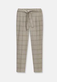 Beige geruite broek met een gladde textuur, uitgerust met een aansluitende tailleband en een knoopdetail van de riem. Tapered leg ontwerp met plooien.