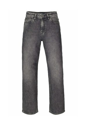 Dunkelgraue Jeans mit geradem Bein, vorne mit Knopf- und Reißverschluss, Gürtelschlaufen und Fünf-Taschen-Design auf weißem Hintergrund.