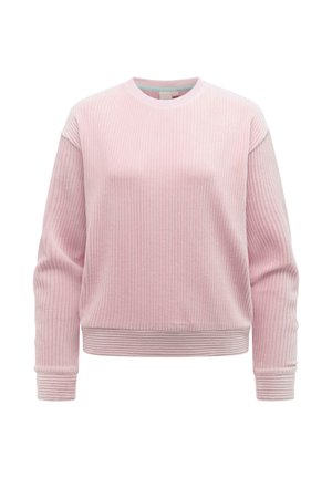 Jasnoróżowy, długorękawowy sweter prążkowany z okrągłym dekoltem, dopasowanymi mankietami i ściągaczem u dołu, prezentowany na białym tle.