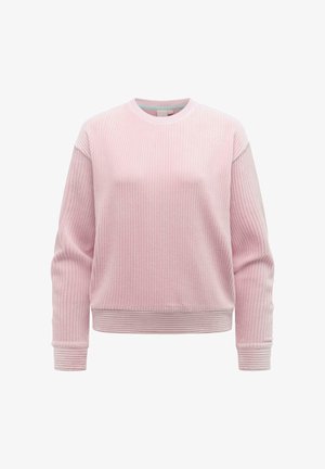 Lichtroze, geribbelde trui met lange mouwen, ronde hals, aangesloten manchetten en tailleband, tentoongesteld op een witte achtergrond.