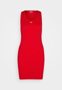 Rotes ärmelloses Kleid aus dehnbarem Stoff, mit taillierter Passform und rundem Ausschnitt. Kleines gesticktes Logo auf der Brust.