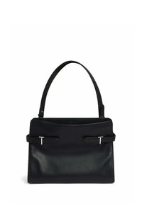 Borsa a tracolla nera in pelle con design strutturato, dotata di un manico superiore singolo e due dettagli laterali con finiture in tonalità argento.
