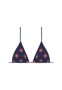 Top de bikini triangular de color navy con un patrón de explosión naranja, con tirantes finos ajustables y laterales fruncidos para mayor ajuste y comodidad.