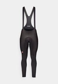 Svarte sykkel-bib tights med skulderstropper, glatt tekstur, polstret setefelt og en liten rød logo på venstre bein.