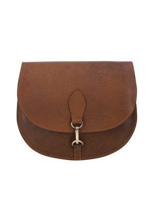 Borsa a pochette in pelle marrone con flap arrotondato, dotata di una chiusura metallica e dettagli di cucitura lungo i bordi. Texture liscia con una leggera lucentezza.