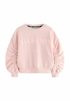Felpa rosa chiaro con scollo rotondo, caratterizzata da loghi ricamati "ALLSAINTS" e "LONDON", polsini a costine e maniche a sbuffo testurizzate.