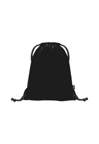 Zaino con cordino nero realizzato in tessuto liscio. Presenta una forma arrotondata, cordini regolabili e una piccola etichetta con logo su un lato.