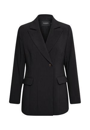Zwarte blazer met gestructureerd ontwerp, scherpe revers, sluiting met één knop en twee voorzakken. Gemaakt van glad, textuur stof.