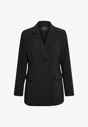 Črn blazer z strukturiranim dizajnom, ostrimi klapnicami, s posamezno zaponko in dvema sprednjima žepoma. Izdelan iz gladkega, teksturiranega blaga.