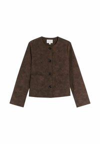 Veste marron texturée avec un col rond, des manches longues et un bouton frontal. Dispose de deux poches avant et d'un tissu lisse.