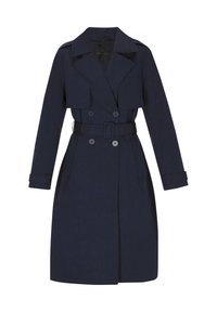 Tengeri kabát, dupla gombolással, övvel a deréknál és hajtott gallérral. Hosszú ujjakkal és oldalsó zsebekkel rendelkezik. Sima textúra.