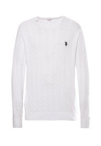 Maglione bianco a treccia con maniche lunghe, scollo rotondo, polsini e orlo a coste, con un piccolo logo nero sul lato sinistro del petto.