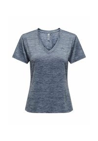 T-shirt z dekoltem w serek i krótkim rękawem w melanżowym granatowym kolorze, z subtelnym logo po lewej stronie i luźnym krojem.