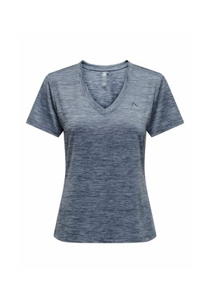 Kurze Ärmel T-Shirt mit V-Ausschnitt aus einem melierten Marineblau-Stoff, mit einem dezenten Logo auf der linken Seite und einem lockeren Schnitt.