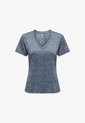 Kurze Ärmel T-Shirt mit V-Ausschnitt aus einem melierten Marineblau-Stoff, mit einem dezenten Logo auf der linken Seite und einem lockeren Schnitt.