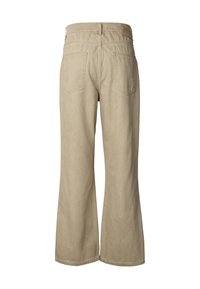 Pantalon beige à jambes larges avec deux poches arrière et taille haute, vu de dos sur fond blanc.
