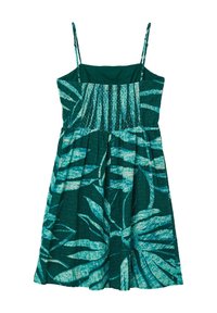 Abito verde scuro con spalline sottili, corpino arricciato e un motivo foglioso in tonalità di verde chiaro e blu. Realizzato in un tessuto leggero.