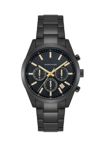 Black stainless steel watch with a black dial, gold accents, three sub-dials, and a date display. Features a sleek, modern design.