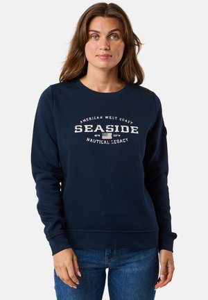Donkerblauwe sweatshirt van katoenmix met een ronde halslijn, voorzien van de tekst "SEASIDE" en maritieme details in witte print. Soepele textuur.