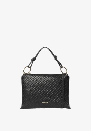 Zwarte geweven leren handtas met korte geknoopte handgreep, gouden ringen en klein gouden "Marc Ellis"-logo aan de voorkant.