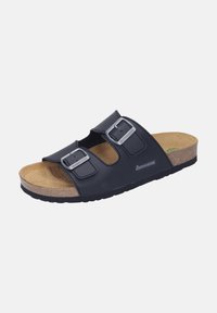 Black sandals with two adjustable straps, silver buckles, cork footbed, and a textured rubber outsole for grip and comfort.