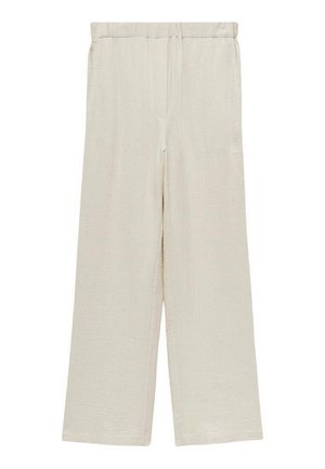 Light beige wide-leg trousers made of crinkled fabric. Features an elastic waistband and two side pockets for practicality.
