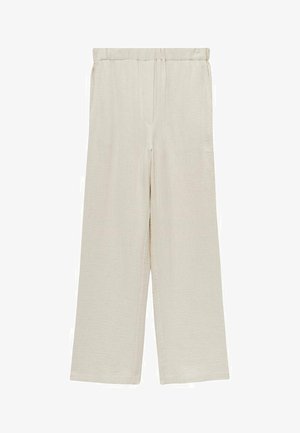 Light beige wide-leg trousers made of crinkled fabric. Features an elastic waistband and two side pockets for practicality.