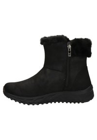 Botas negras hasta el tobillo con un exterior liso y ribete de piel sintética, con cierre lateral y suela de goma texturizada para mayor tracción.