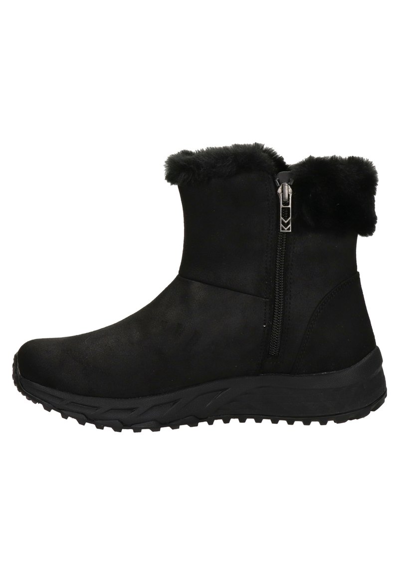 Botas negras hasta el tobillo con un exterior liso y ribete de piel sintética, con cierre lateral y suela de goma texturizada para mayor tracción.