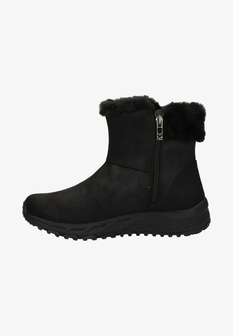 Botas negras hasta el tobillo con un exterior liso y ribete de piel sintética, con cierre lateral y suela de goma texturizada para mayor tracción.