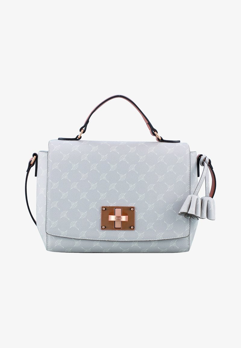 Borsa in ecopelle grigia con un motivo geometrico, chiusura in rosè oro e un accento a frangia staccabile. Presenta una maniglia superiore e una tracolla.