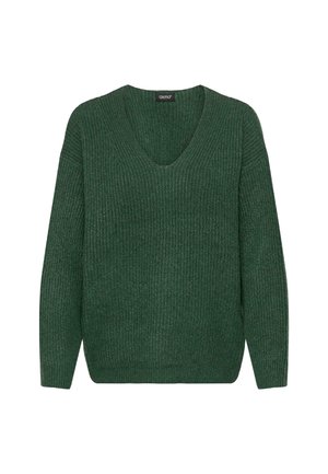 Žalias megztinis su V formos iškirpte, ilgomis rankovėmis ir raštuota tekstūra. Dizainas pasižymi laisvu siluetu ir yra pagamintas iš minkštos medžiagos.