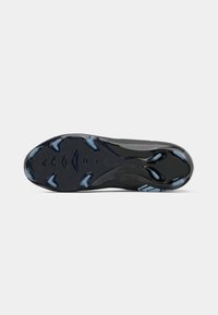 Black sports shoe sole with blue cleats, designed for traction, shown flat on a white background.