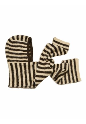 Striped knit wool balaclava in cream and dark brown with attached neck warmer, laid flat on a white background.