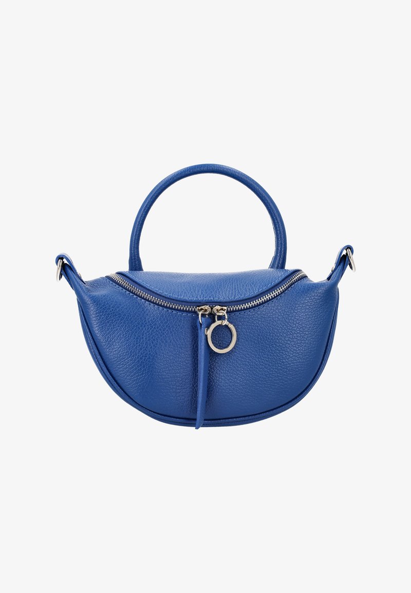 Blå lædertaske med en rund form, lynlåslukning, håndtag på toppen og en cirkulær metaldetalje. Tekstureret overflade med en glat finish.