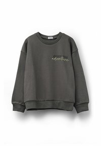 Szary sweatshirt wykonany z miękkiego materiału, z okrągłym dekoltem, ściągaczami przy rękawach i napisem "CIESZ SIĘ PRZYGODĄ" w kontrastowych kolorach.