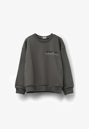 Sweatshirt gris en tissu doux, avec un col rond, des poignets côtelés et un design textuel "ENJOY THE adventure" en couleurs contrastées.
