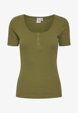 Top court à manches courtes de couleur olive, à côtes, avec un décolleté arrondi et trois boutons-pression à l'avant. Tissu doux et design ajusté.