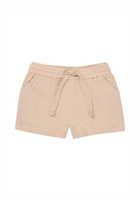 Beige katoenen shorts met een gestructureerde afwerking, elastische tailleband, verstelbaar koord en twee zijzakken.