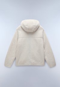Cream-colored fleece jacket with a hood, featuring soft texture, long sleeves, and a horizontal seam across the back.