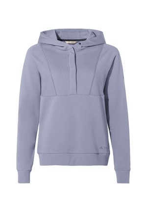 Lichtpaarse hoodie met een halve knoopsluiting, geribbelde mouwen en zoom, en textuurpanelen op de voorkant.