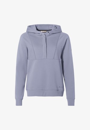 Sweat à capuche lilas, avec une patte de boutonnage demi-longue, des poignets et un ourlet côtelés, et des panneaux texturés sur le devant.